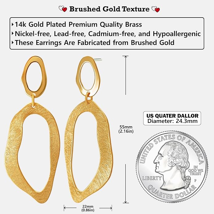 OZEL Gold Dangle Earrings for Women Brushed Finish, Matte Gold Statement Jewelry, 14k Gold Plated