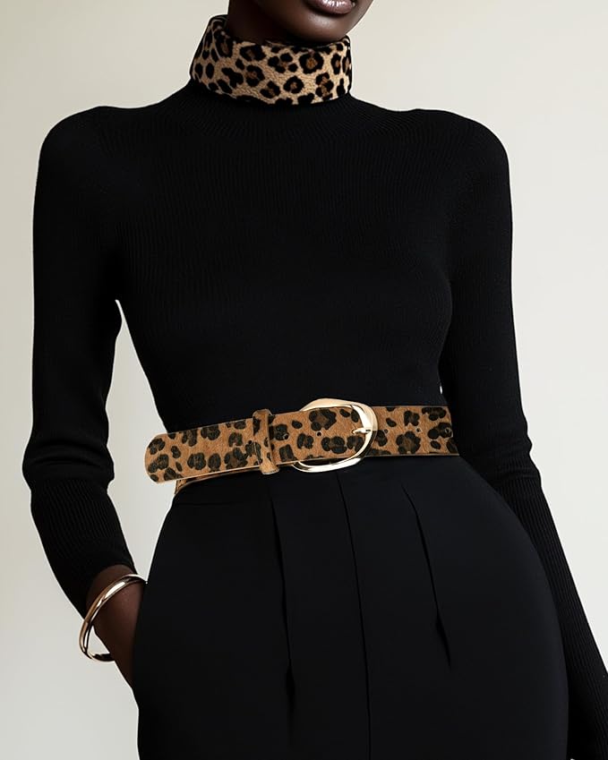 Women’s Leopard Print Leather Belts for Women, Cheetah Print Belt with Gold Buckle, Width 1.46"