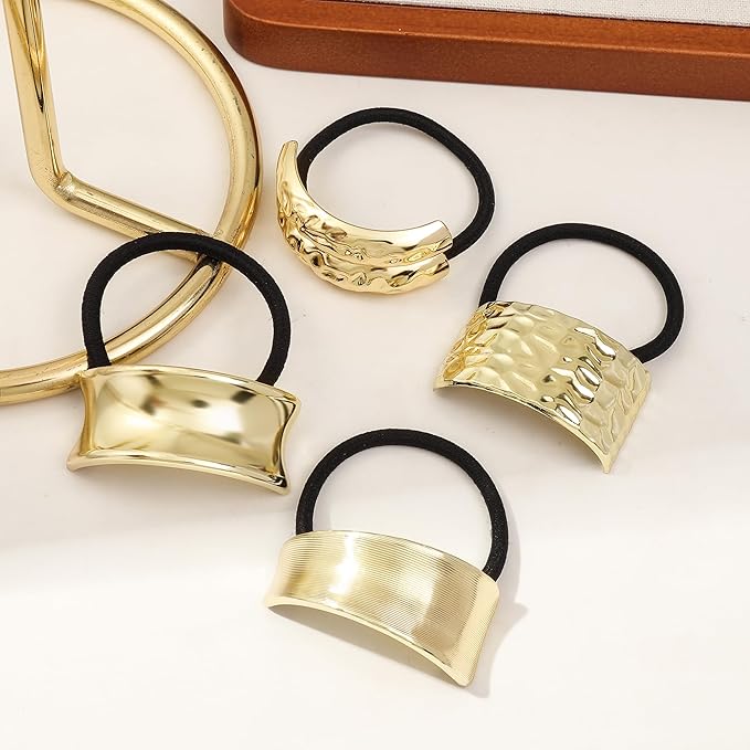 Gold Metal Hair Ties for Women - Cuffs, Accessories, Elastic Bands for Thick and Thin Hair Ponytails