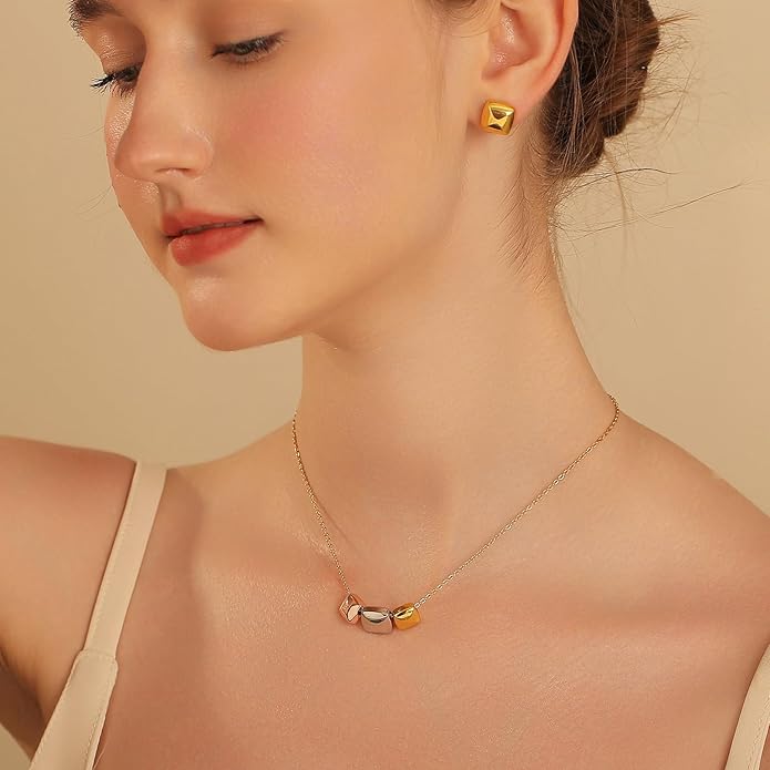 Dainty Geometric Jewelry Set for Women - Stainless Steel Necklace & Earrings Minimalist Matching Set