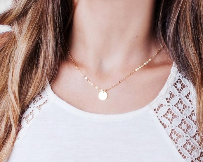 Small Gold Disc Necklace - Minimal Designer Handmade Coin Necklace 16 inch + 2 inch Extender