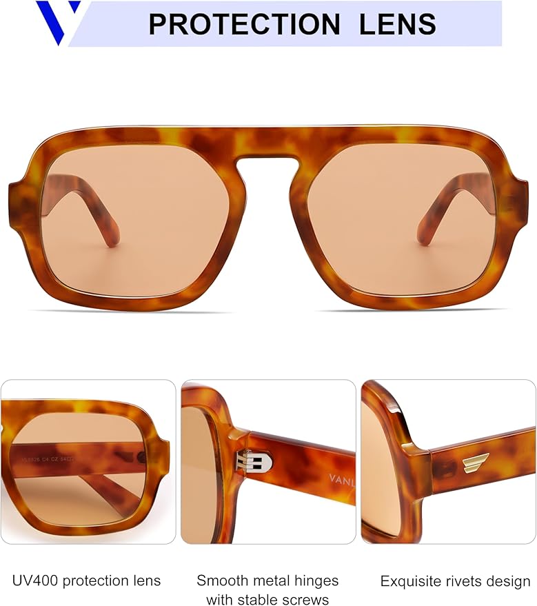 VANLINKER Oversized Retro Square Aviator Sunglasses for Women Men 70s Vintage Style Trendy Big Flat Top Sun Glasses VL9826