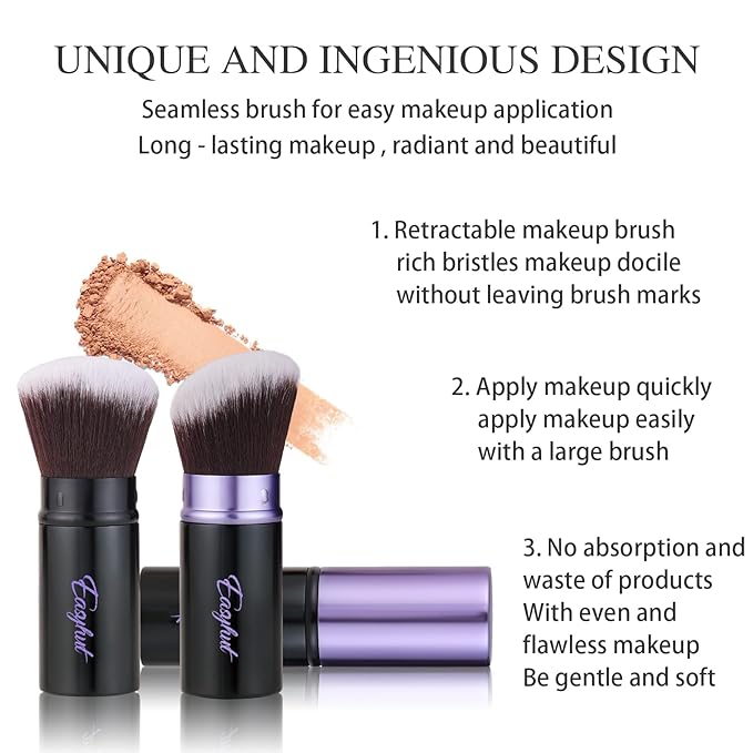 Retractable Kabuki Makeup Brushes 2 Pcs Blush Brushes Set Portable Powder Brushes with Flat and Angled Top for Liquid Cream Cosmetics Travel, large/1.18inch(violet)
