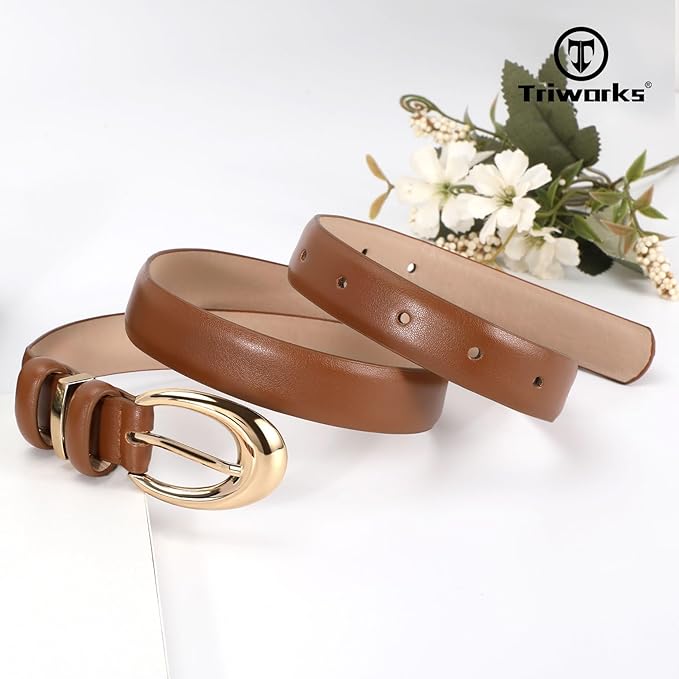 TRIWORKS Women Leather Belt for Jeans Pants Fashion Ladies Skinny Faux Leather Dress belt with Gold Buckle