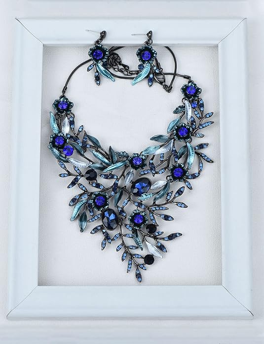 Vintage Women Beautiful Crystal Flower Enamel Blossom Flower Collar Bib Statement Necklace and Earrings Set for Women Wedding Bridal Prom