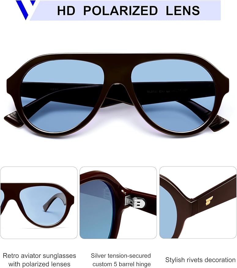 VANLINKER Retro Aviator Polarized Sunglasses for Men Women Trendy 70s Vintage Plastic Frame Sun Glasses VL9750