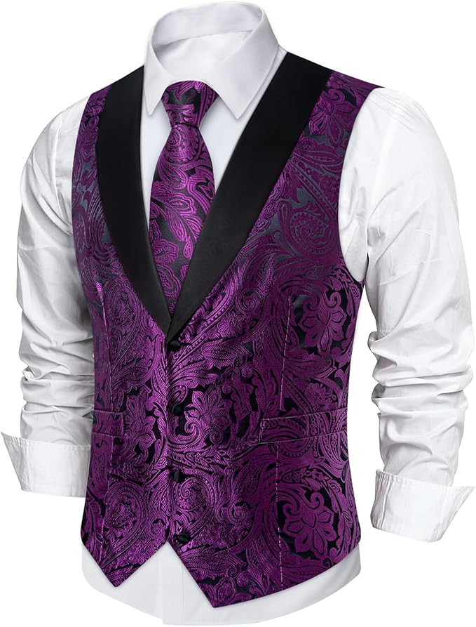 DiBanGu Mens Paisley Suit Vest Silk Jacquard Waistcoat and Necktie Set Formal Shawl Collar Dress Vest 7PCS for Wedding Party