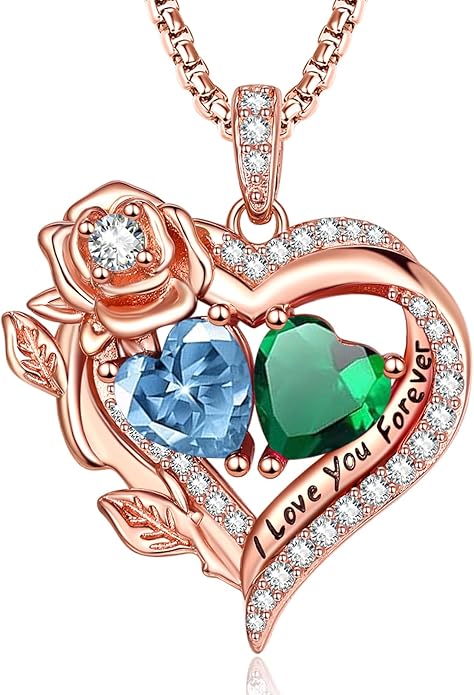 Rose Heart Necklaces for Women, Rose Gold Forever Love Jewelry with 2 Birthstones Pendant, Christmas Anniversarry Birthday Gifts for Her Wife Mom Grandma, 18+2 Inch Chain