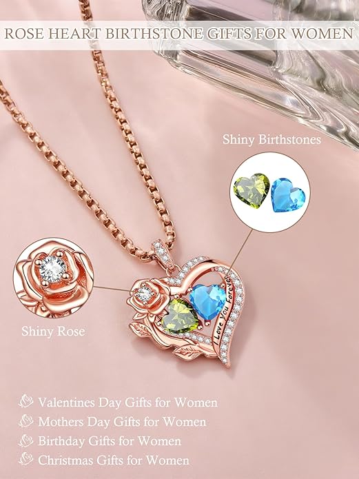 Rose Heart Necklaces for Women, Rose Gold Forever Love Jewelry with 2 Birthstones Pendant, Christmas Anniversarry Birthday Gifts for Her Wife Mom Grandma, 18+2 Inch Chain