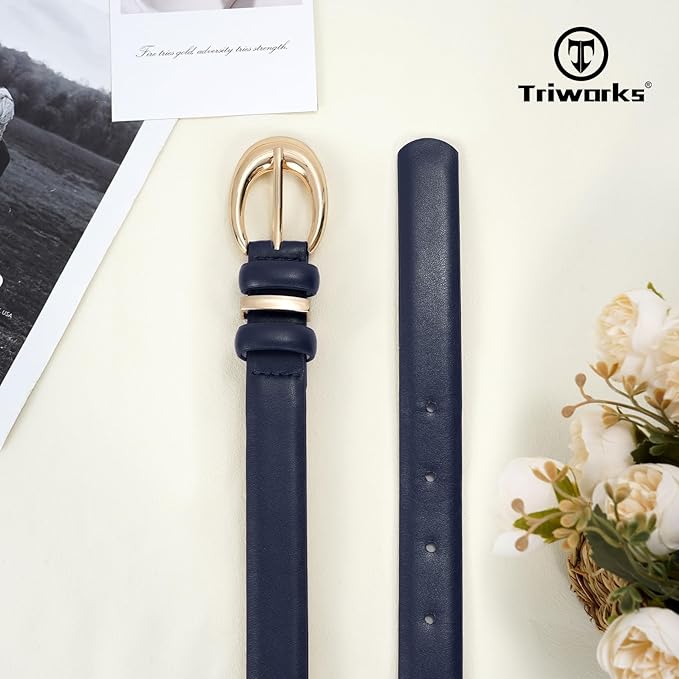 TRIWORKS Women Leather Belt for Jeans Pants Fashion Ladies Skinny Faux Leather Dress belt with Gold Buckle