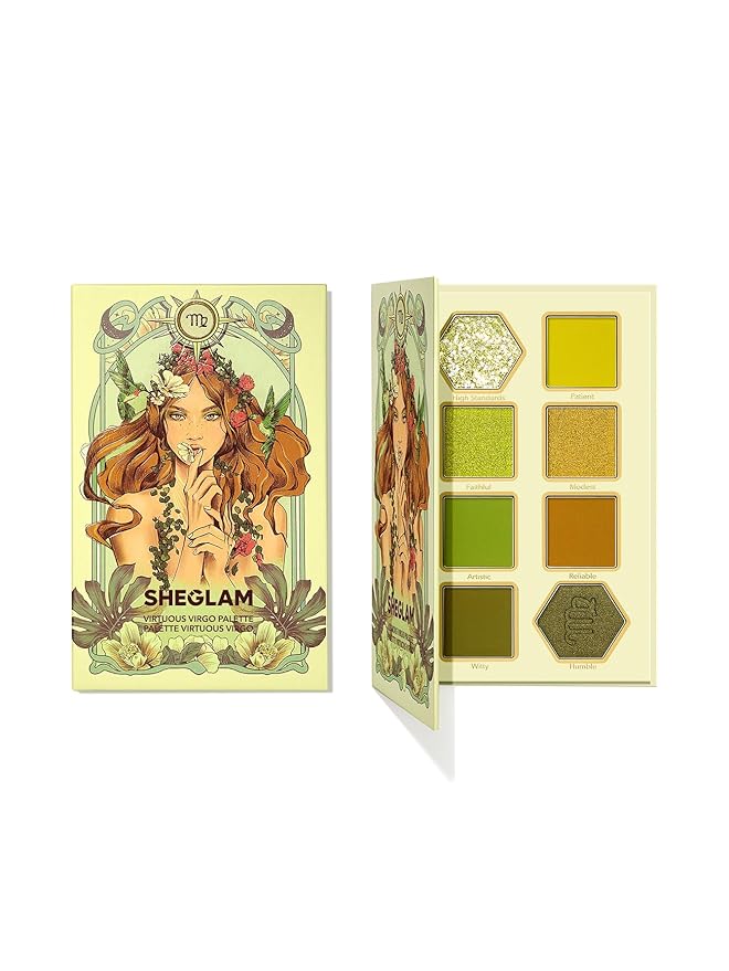SHEGLAM Glitter Metallic Eyeshadow Palette 8-Color High Pigment Green Gold Long Wearing Horoscope Collection Eye Shadow Palette - Virtuous Virgo