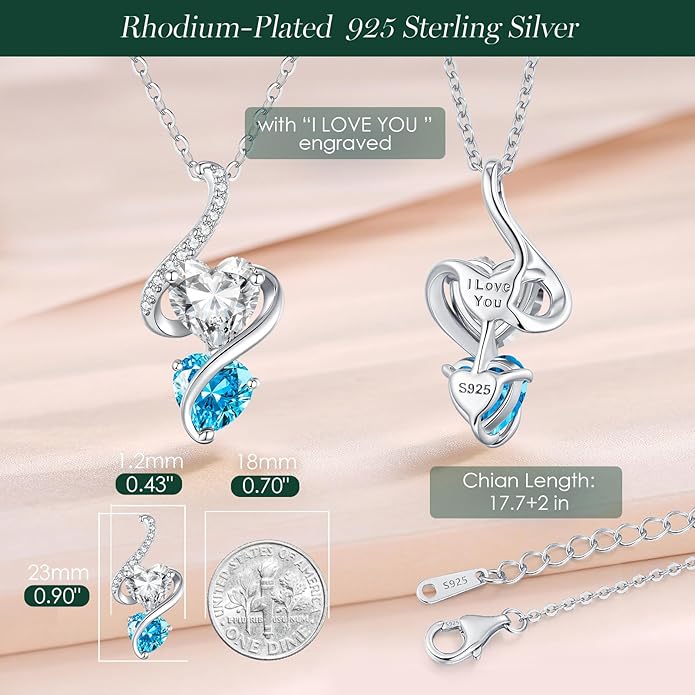 LOUISA SECRET Unique Double Heart Necklace Gifts for Wife Women, 925 Sterling Silver Tiny Birthstone Pendant Jewelry Gift for Her Girlfriend Mom Valentine's Day Anniversary Mother's Day Birthdays & Christmas