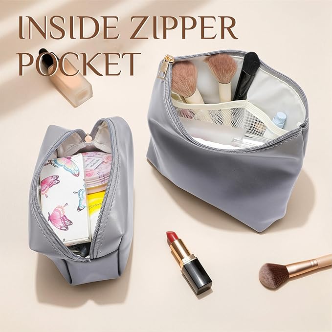 Kigeli 2 Pcs PU Leather Makeup Bag Set for Women Aesthetic Cosmetic Bag Small Toiletry Travel Pouch for Purse Emergency Skincare Organizer Valentine Gifts for Bridesmaid Birthday(Gray)