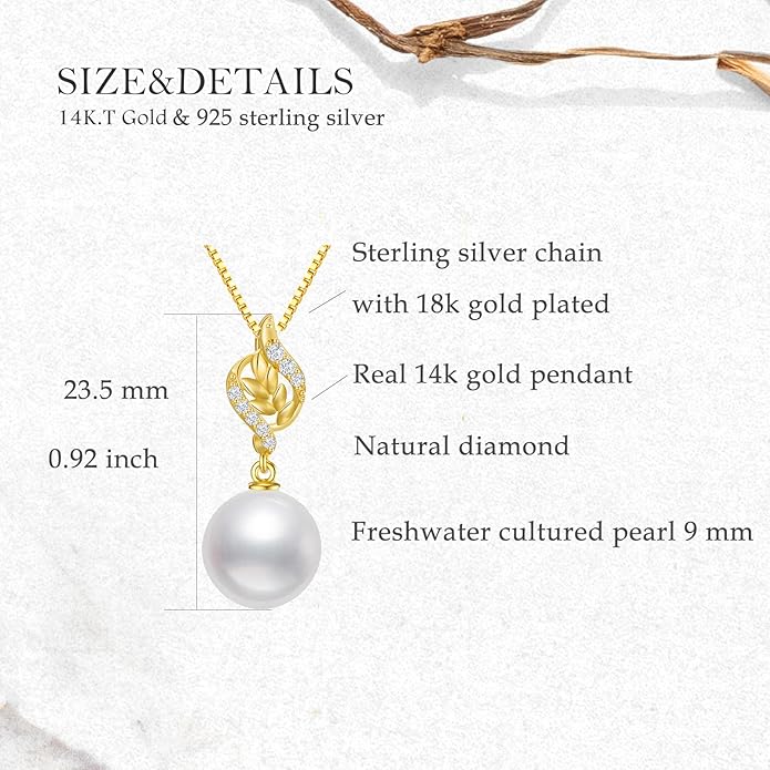 14k Gold Diamond Leaves Pearl Pendant and Sterling Silver Box Chain Necklace for Women, Jewelry Gifts for Her, 18-20 Inches