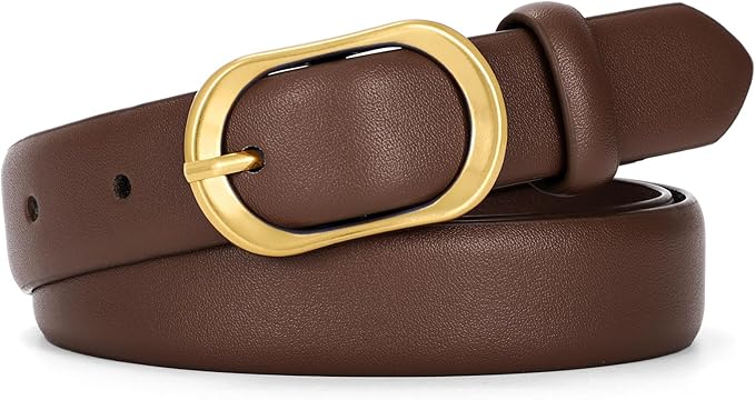 SANSTHS Women Belt for Jeans with Gold Oval Buckle, Thin Belt for Dresses Pants, Adjustable Waist Belt for Daily Fashion