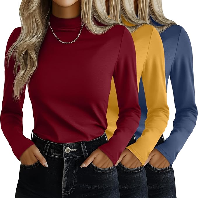 Ficerd 3 Pack Women's Mock Turtleneck Shirts, Long Sleeve Mock Neck Pullover Tops Slim Fitted Stretch Undershirt Tee Blouse