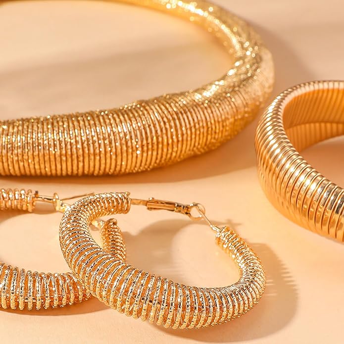 Chunky Gold Hoop Earrings and Spring Statement Necklace Set 2 Piece | Indian Jewelry Sets for Women | Gold Plated Trendy Chunky Hoops & Chunky Chain Gift