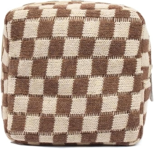 Small Brown Makeup Bag for Purse, Mini Checkered Cosmetic Bag Zipper Cute Make Up Pouch Travel Toiletry Bag Quilted Aesthetic Accessories Makeup Storage Bag Organizer for Women Girls