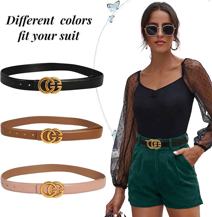 Women's Fashion Classic Metal Buckle Leather Belt with Jeans Dress