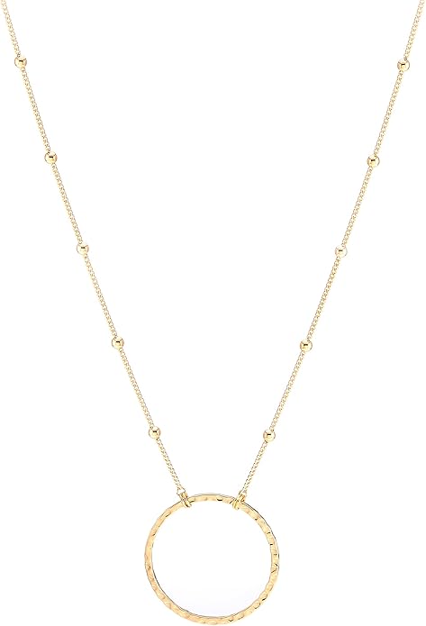 SOFYBJA 18K Gold Plated Circle Pendant Necklace Long Satellite Beaded Chain Jewelry for Women Dainty Hammered Karma Open Circle Charm Geometric Necklace