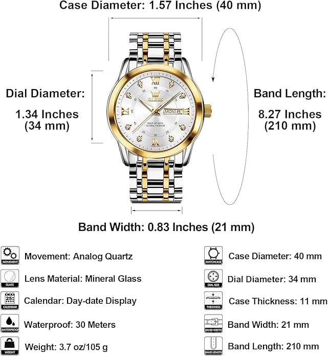OLEVS Men's Stainless Steel Watch, Large Face Roman Numerals Diamond Accented Three-Hand Analog Quartz Watches for Men, Easy to Read Day Date Waterproof Luminous Mens Wristwatch