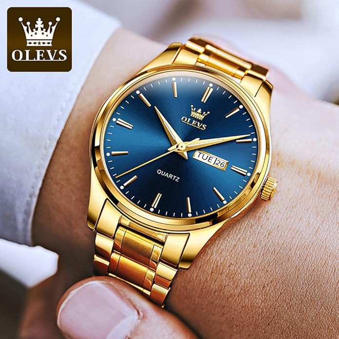 OLEVS Classic Men Watches with Date,Stainless Steel Man Watch with Date, Bussiness Watches for Men,Luminous Quartz Mens Watches Black/White/Blue/Gold, Waterproof Male Watch with Week