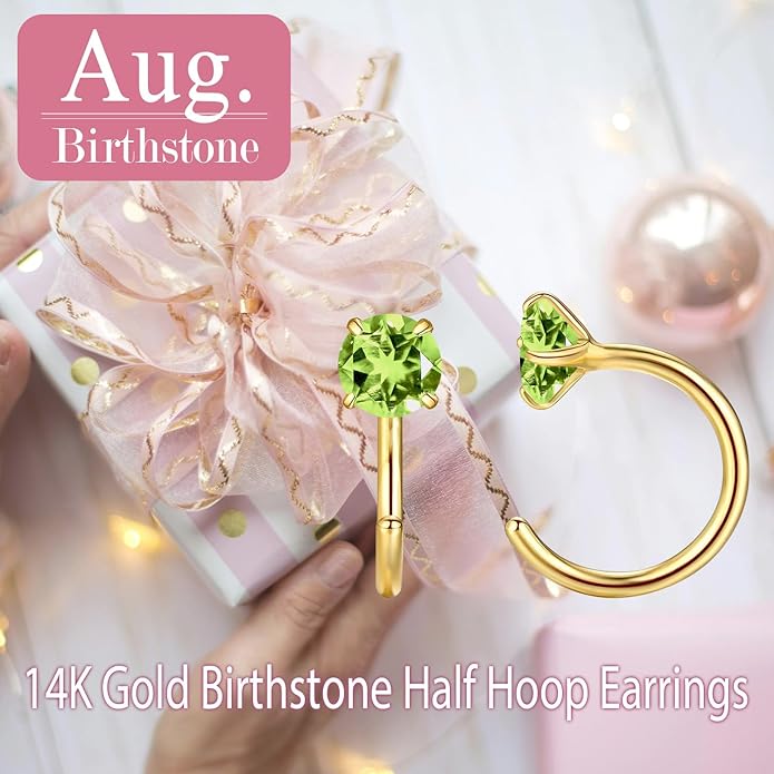 14K Gold Birthstone Huggie Half Hoop Earrings for Women,Round-cut Created Gemstone Minimalist Tiny Earring(4MM*2) Anniversary Birthday Mother's Day Jewelry for Mom Her