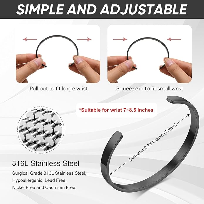 MEALGUET Stainless Steel Mens Cuff Bracelet : Minimal Cool Silver/Black/Gold Plated Open Metal Cuff Bangle Bracelets for Men,Mens Bracelet Jewelry Gift