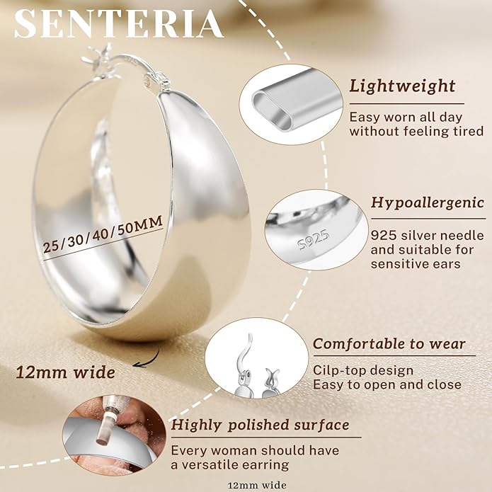 Senteria 12mm Wide Thick Hoop Earrings 925 Sterling Silver Hoop Earrings for Women Hypoallergenic 14K Real Gold Plated Hoops Large Earring Lightweight Chunky Hoops Earring for Women 25/30/40/50MM