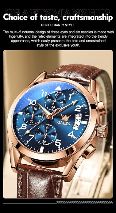 OLEVS Men's Watches Brown Leather with Date,Casual Watches for Men,Large Face Watches Men,Chronograph Mens Watch,Sport Waterproof Business Dress Analog Quartz Men's Wrist Watches Reloj De Hombre