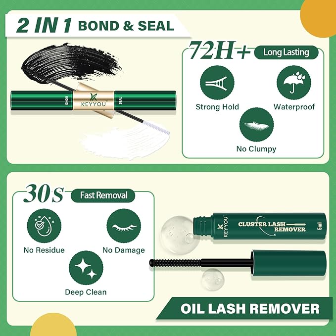 KEYYOU Lash Clusters Kit Natural Wispy DIY Lash Extension Kit 144pcs Lashes Clusters Eyelash Extension with Mascara Brush Bond and Seal Glue Remover Applicators and Brush for Lashes Extensions (Y01)