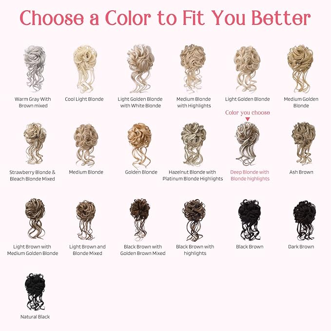 HOOJIH 2PCS Messy Bun Hair Piece, Tousled Updo with Tendrils Hair Bun Extensions Wavy Curly Wrap Ponytail Hairpieces Scrunchies for Women HB010 Dasiy - Deep Blonde with Blonde highlights