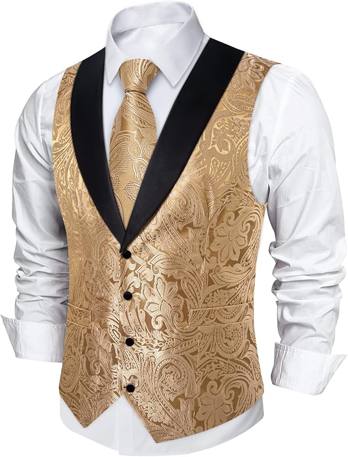 DiBanGu Mens Paisley Suit Vest Silk Jacquard Waistcoat and Necktie Set Formal Shawl Collar Dress Vest 7PCS for Wedding Party