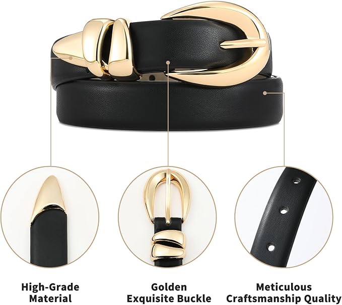 Black Leather Belt for Women Stylish Design with Gold Buckle Ladies Black Belt Perfect for Jeans Dresses