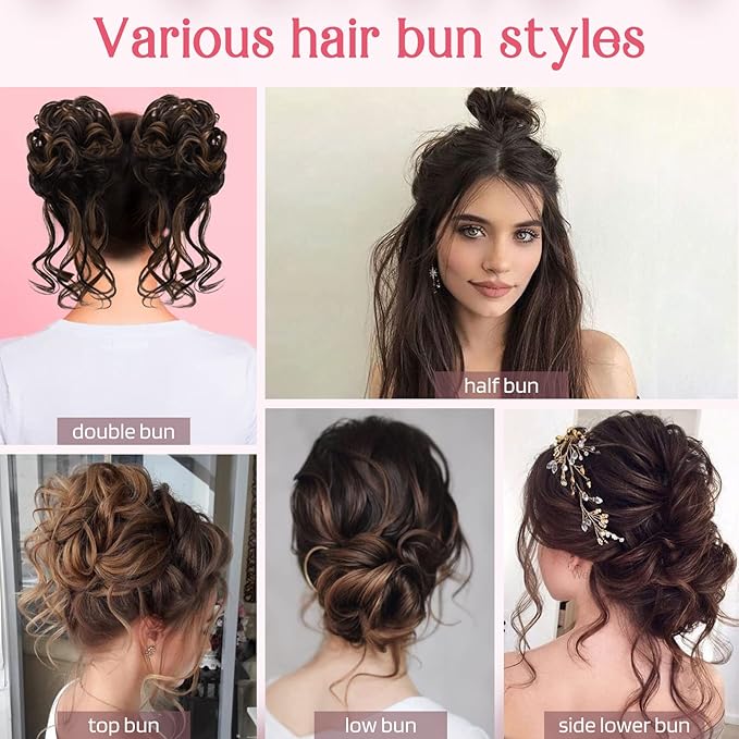 HOOJIH 2PCS Messy Bun Hair Piece, Blonde Mixed - Curly, Heat Resistant, Clip-In