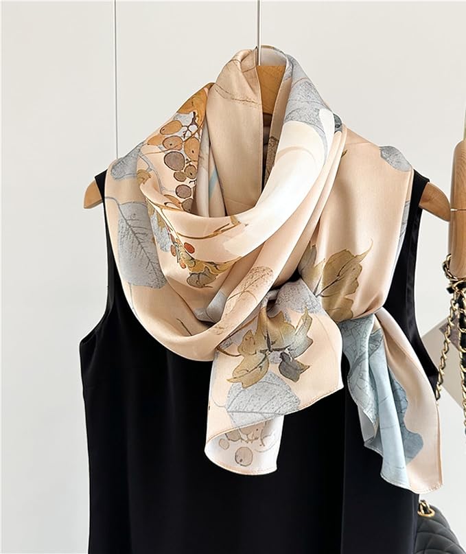 100% Mulberry Silk Scarfs for Women Floral Print Satin Long Scarf for Headscarf Hair Wraps Shawl with Gift Packed