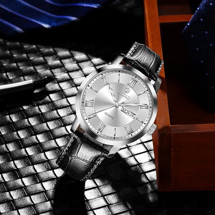 Leather Band Mens Watches with Day Date Quartz Analog Large Face Classic Watch Roman Numerals Dress Luminous Rlojes para Hombres