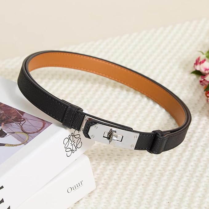Skinny Leather Belts for Women with Adjustable Silver Turn-Lock Buckle for Dresses Jeans and Pants