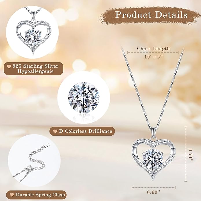 MOOSEA Valentines Day Gifts for Her, 1-3ct D Color VVS1 925 Sterling Silver Anniversary Birthday Gifts for Women Wife Girlfriend Jewelry Moissanite Necklace