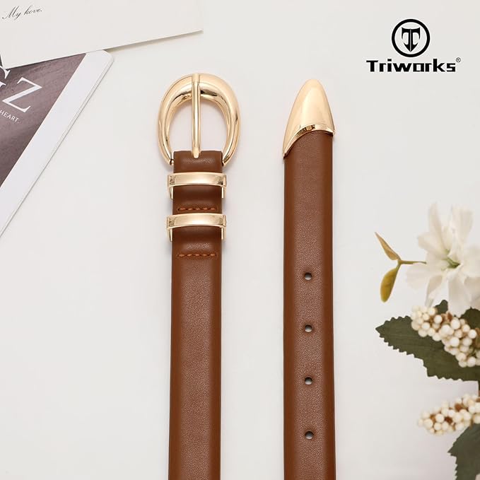 TRIWORKS Women Leather Belt for Jeans Pants Fashion Ladies Skinny Faux Leather Dress belt with Gold Buckle
