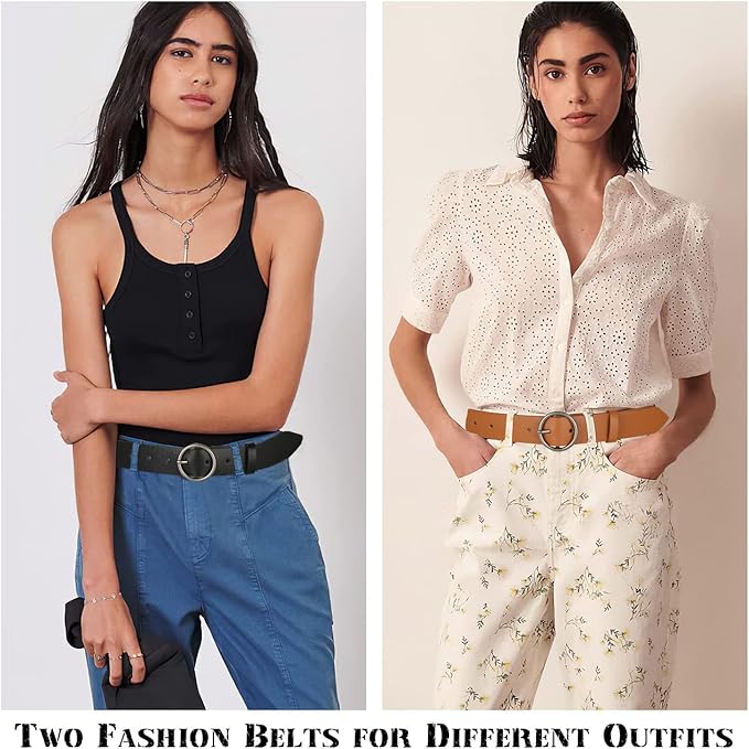 Ssumday 2 Pack Women's 1.3" Leather Belt for Jeans Pants Dresses with Retro Alloy Buckle