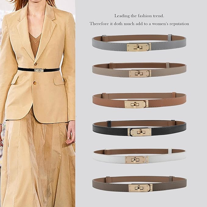 Women's Skinny Leather Belt with Adjustable Silver Turn-Lock Buckle - Ideal for Dresses, Jeans, and Coats, Black