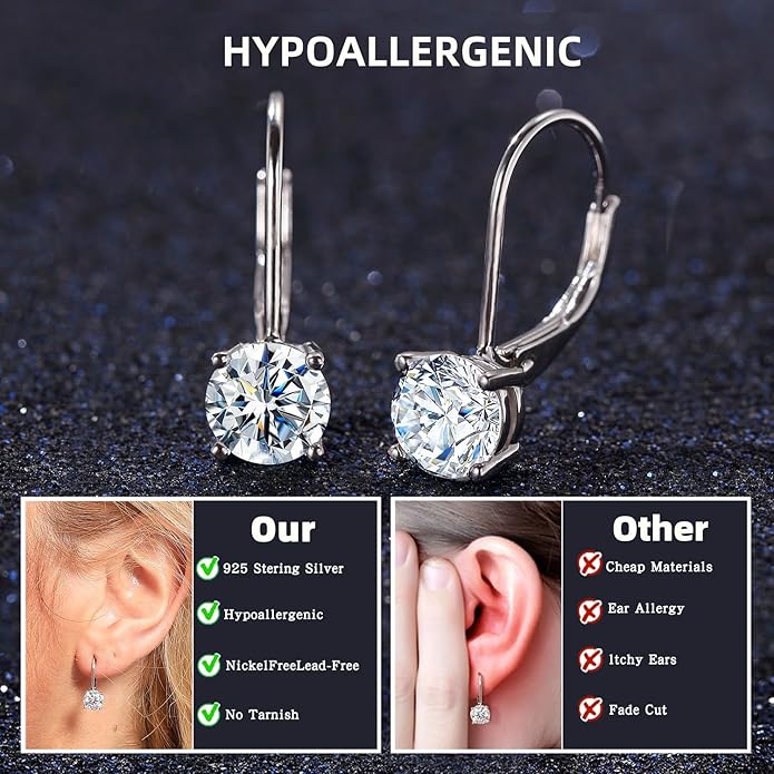 Moissanite Earrings for Women 2.0CT D Color,18K White Gold Plated Sterling Silver Dangle Earrings, Leverback Drop Earrings Jewelry for Gifts