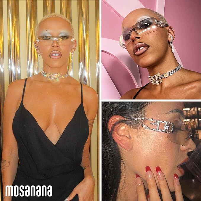mosanana Y2K Rhinestone Flame Rectangle Sunglasses for Women with Bling Glitter MS52350