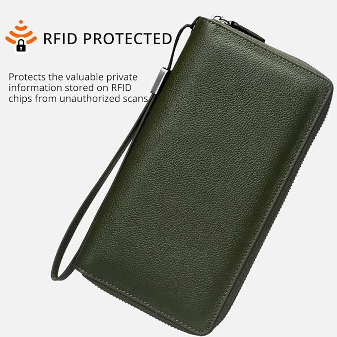 Women's Genuine Leather RFID Blocking Zip Around Wallet with Phone Pocket Large Capacity Travel Wristlet (Olive Green)
