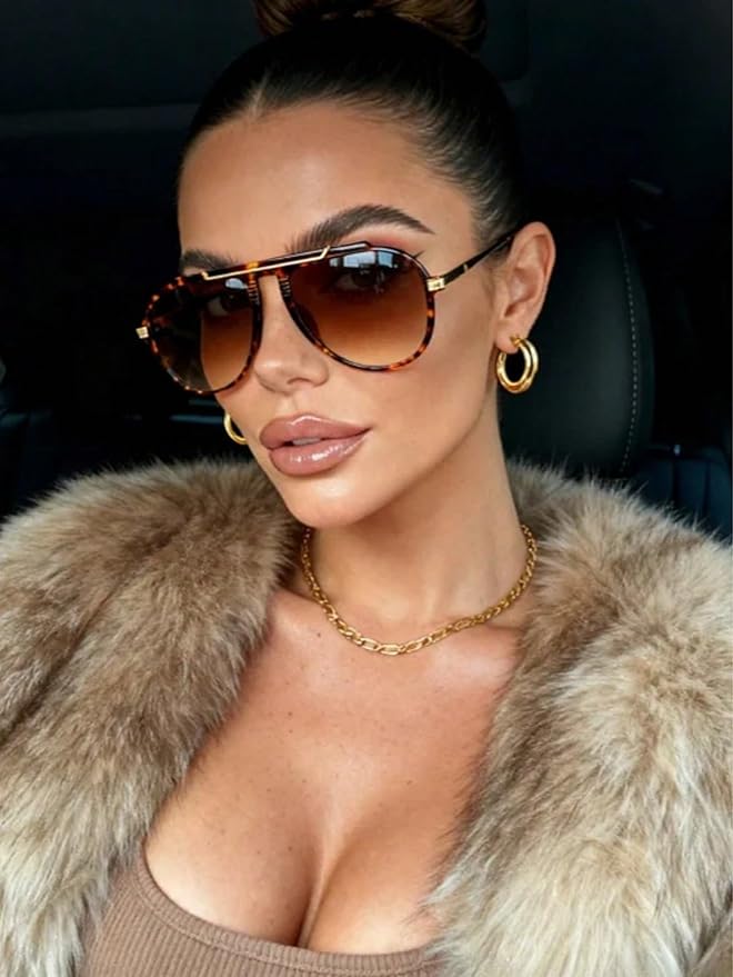 Oversized Aviator Sunglasses for Women Men 2026 70s Retro Gold Metal Sun Glasses Tangle Free Square Aviators