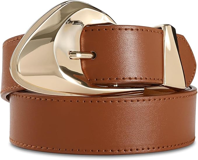 Women's Brown Belt Trend Belt with Gold Buckle Fashion Leather Waist Belt for Jeans Pants