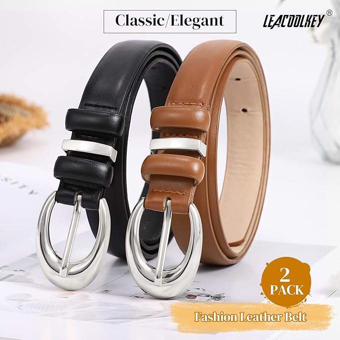 2 Pack Women Leather Belts for Jeans Dress Fashion Ladies Belt with Gold Silver Buckle