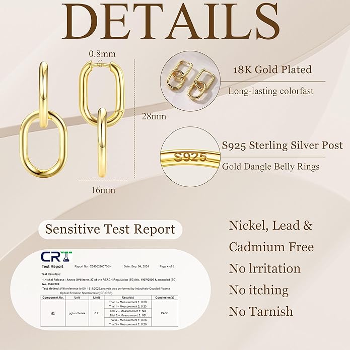 18K Gold Plated Two Tone Gold Silver Hoop Earrings for Women Hypoallergenic - 925 Sterling Silver Drop Dangle Paperclip Huggie Hoop Earrings - Chain Link Dangle Earrings Jewelry