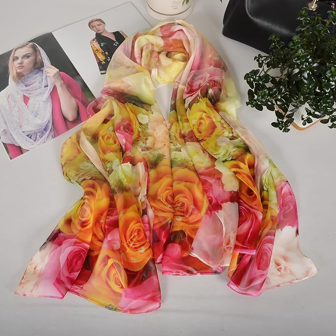 100% Mulberry Silk Women's Neck Silk Scarf-Lightweight Shawl,FLoral Print Beach Silk Wrap-Scarves for Photography